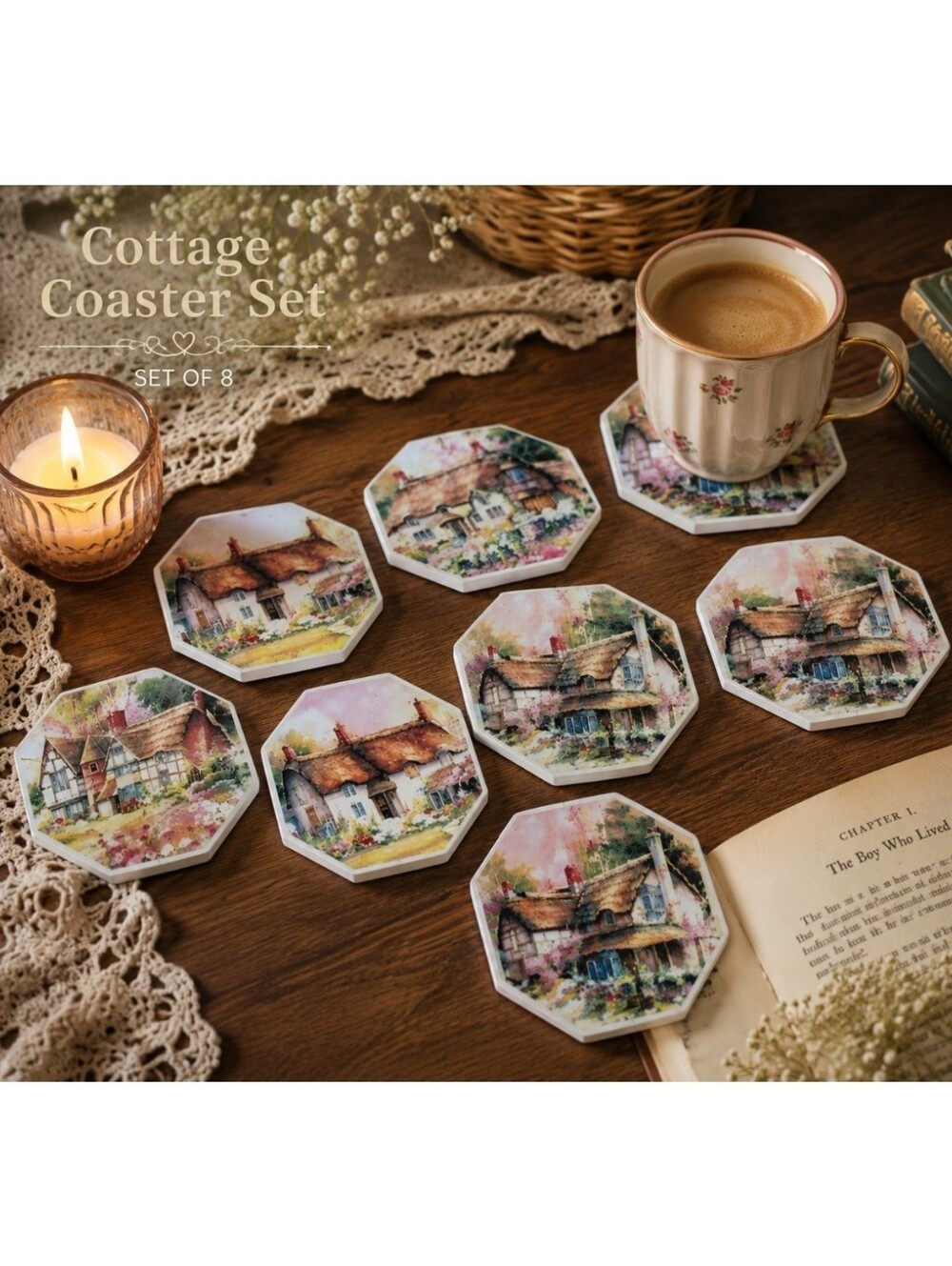 ​Vintage Style Cottagecore English Country Cottage Ceramic Coaster Set of 8
